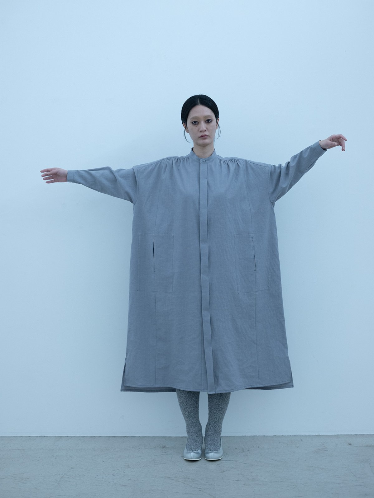 Light merino wool linen cotton glencheck elegant gathered shirt dress