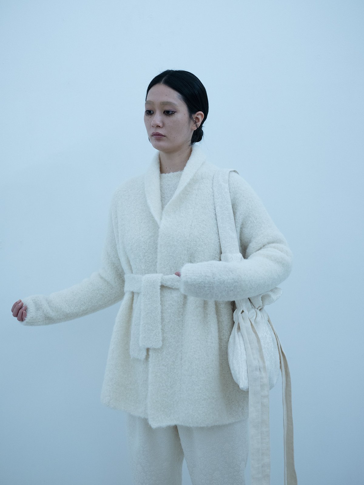 Alpaca loop knit folk collar cardigan and sweater, Arabesque silk wool shoulder bag