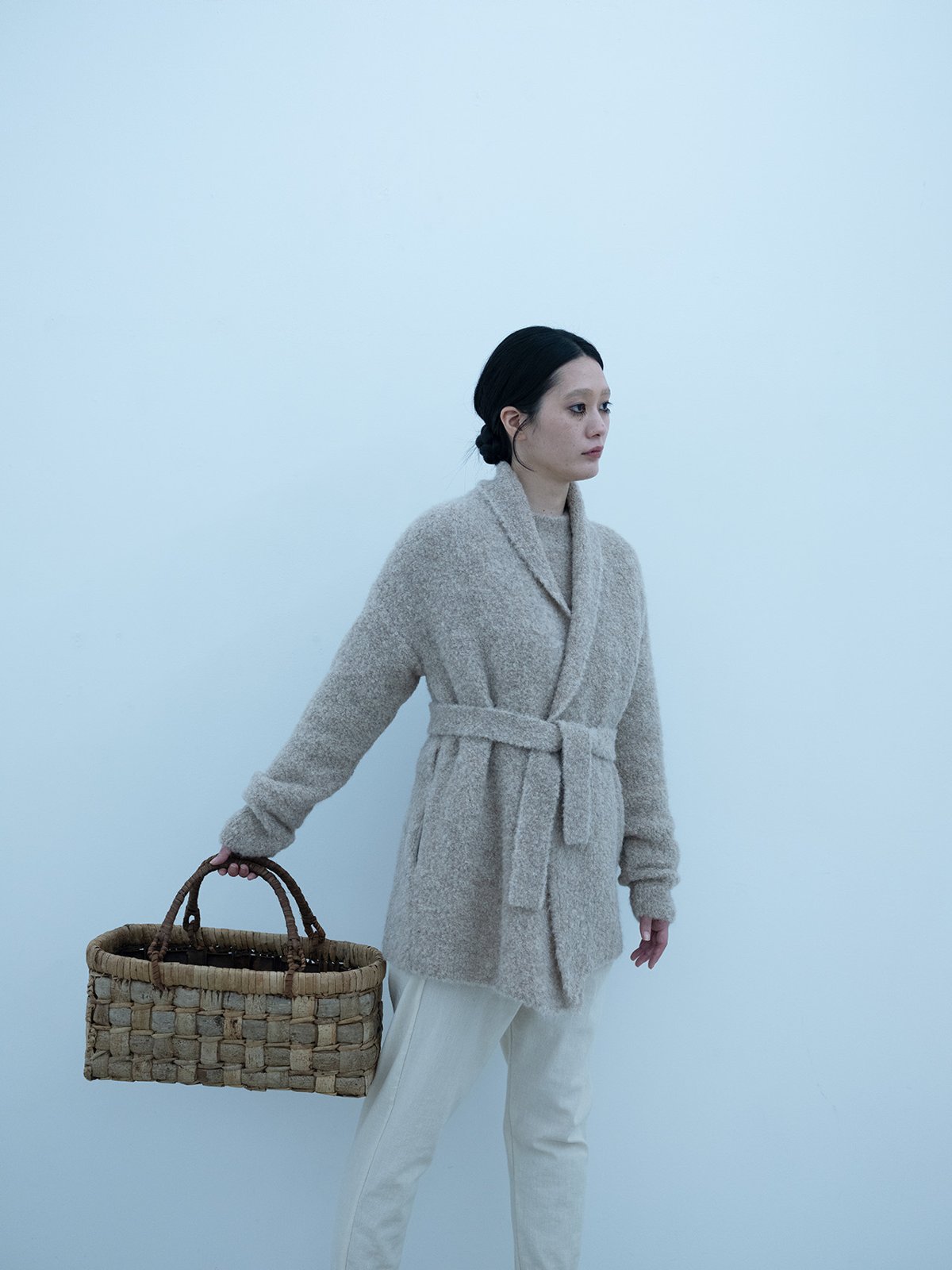 Alpaca loop knit folk collar cardigan and sweater, Japanese wingnut tree basket