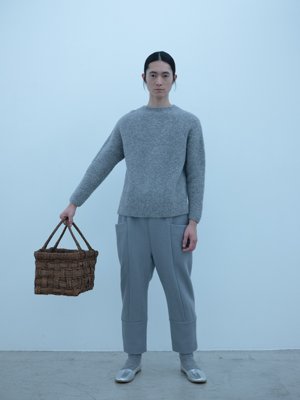 Alpaca loop knit sweater, Herringbone shetland wool winter folk pants, Wild grapevine hand basket, Fulgent silver Koshin folk shoes