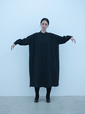 Light merino wool linen cotton glencheck elegant gathered shirt dress