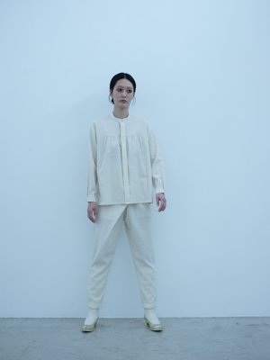 Light merino wool linen cotton glencheck elegant gathered shirt, Light merino wool linen cotton glencheck wrapped pants with elastic hem