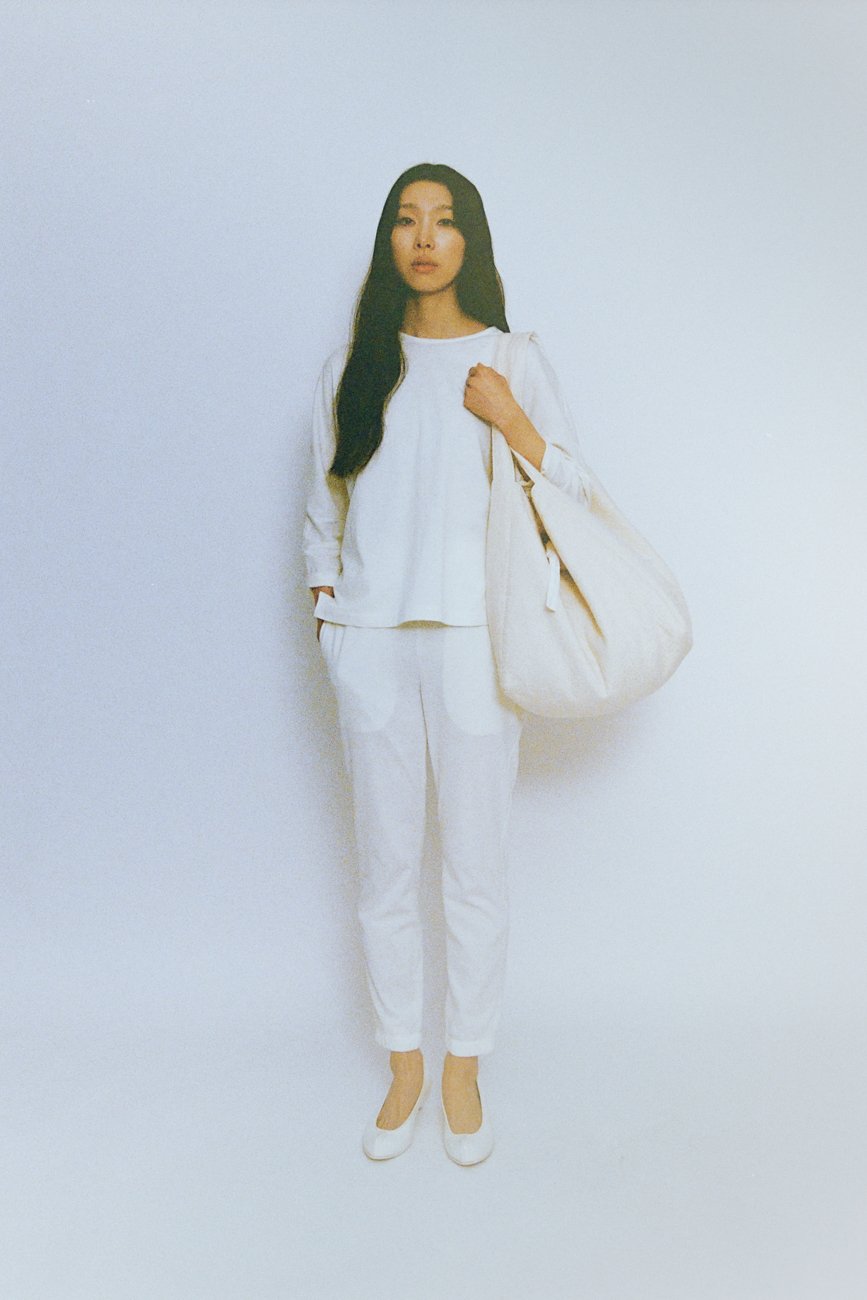 Cotton cashmere jersey long sleeve T-shirt and pants. Flower of Life Sashiko large square tote bags.