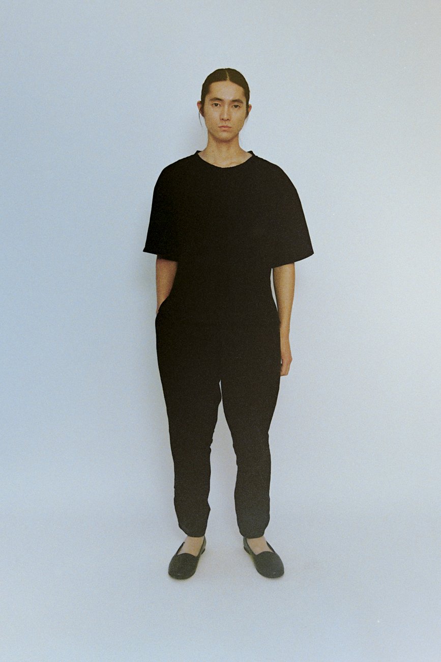 Organic cotton crazy darts T-shirt. Cotton canvas folk pants.