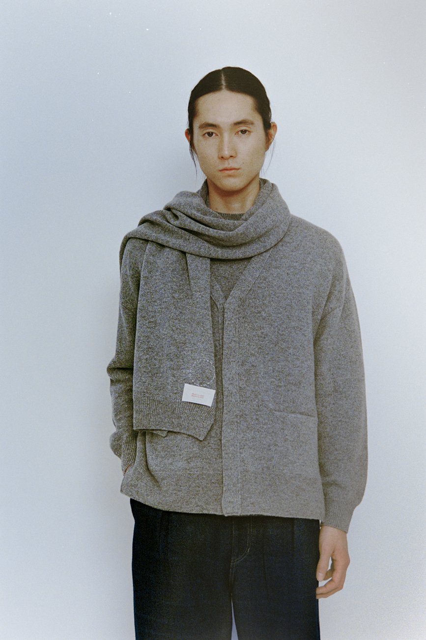 Tasmanian wool knitted cardigan with front fly and sweater, scarf.