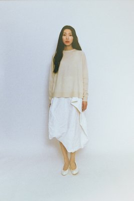 Tasmanian wool knitted sweater. Antique pillowcase skirt.