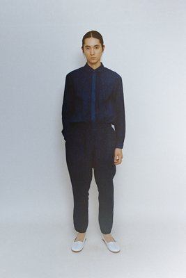 Organic cotton broadcloth open-collared shirt. Flower of Life Sashiko Tattsuke pants. The dye is Ryukyu indigo.