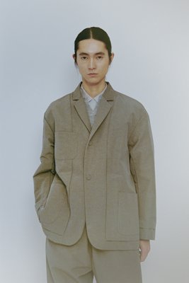 Unique reversible jacket with tailored collar folded inside. Made of cotton-nylon linen ramie.