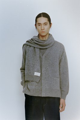 Tasmanian wool knitted cardigan with front fly and sweater, scarf.