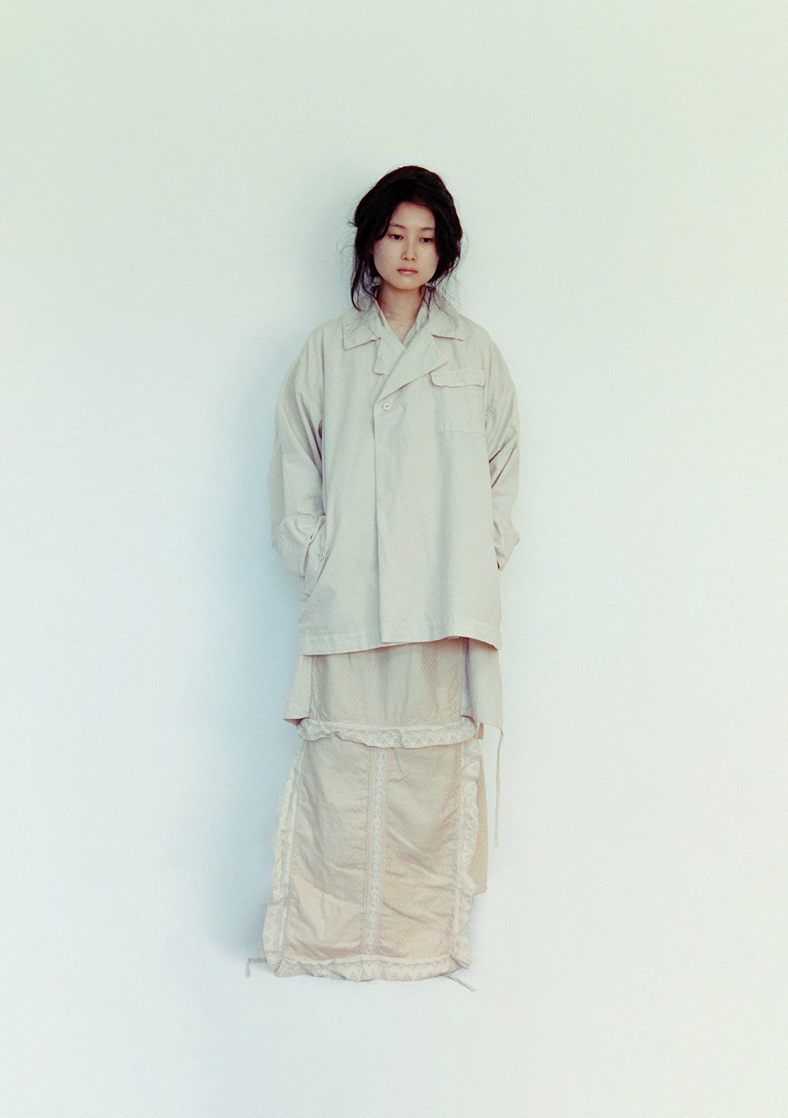 Organic cotton broadcloth citron ash-colored motorcycle jacket and pillowcase long dress