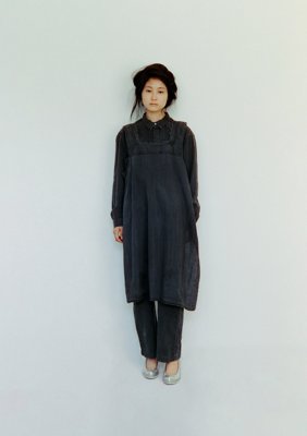Organic cotton double-gauze sumi-dyed check country shirt, Organic cotton broadcloth sumi-dyed wrapped pants and layered sumi-dyed tasuki apron