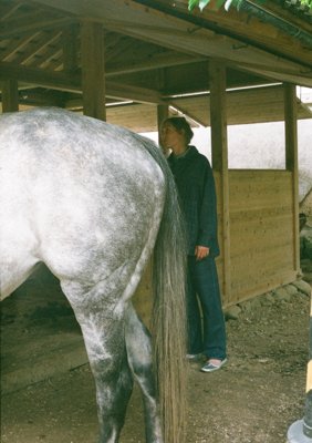Mélanie looking after the horses, Natural indigo-dyed hand-woven organic kara cotton denim jacket and pants